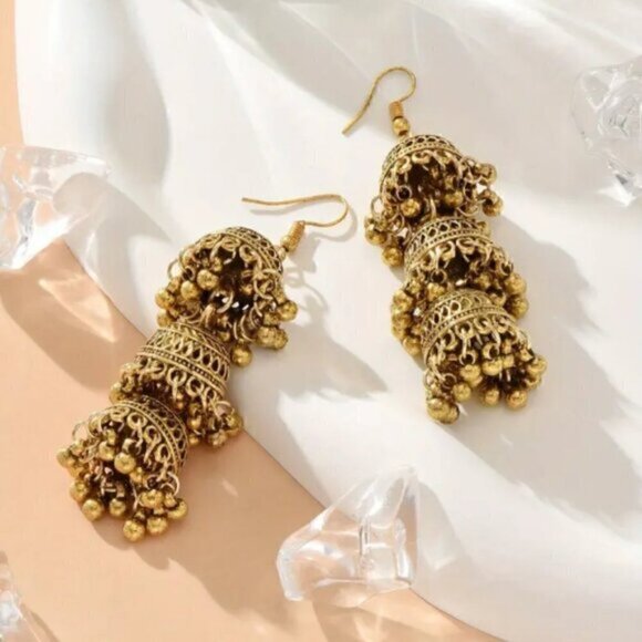 Gold 3bell Pendant Retro Bollywood Style Dangle Earrings Alloy Jewelry Exquisite - Picture 2 of 3